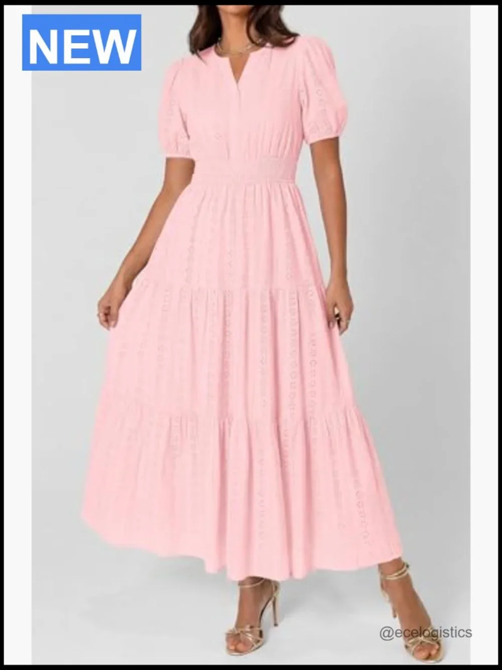 V Neck Puff Sleeve Smocked Maxi Dress Eyelet Cotton Tiered - Picture 5 of 7